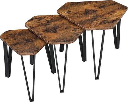 طقم طاولات قهوة جانبية متداخلة 3 قطع – سطح خشبي دائري بتصميم عصري وأرجل معدنية ثابتة