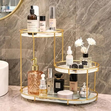 منظم مكياج  منظم أدوات تجميل منظم حمام تصميم ذهبي أرفف رخامية