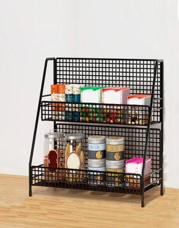 “رف تخزين معدني بطابقين - تصميم أنيق لتنظيم المطبخ والاستخدام متعدد الوظائف”