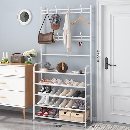 رف معدني متعدد الاستخدامات للأحذية والملابس مع خطافات لتعليق الحقائب والقبعات