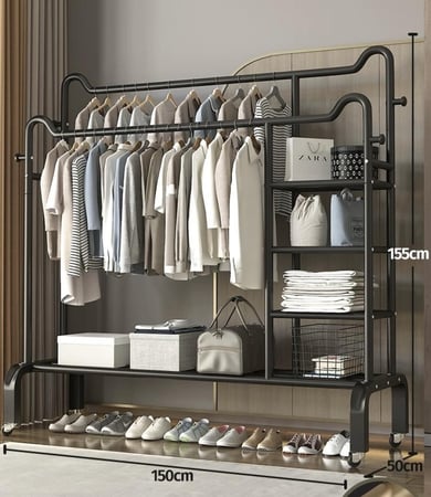 علاقة ملابس معدني بتصميم ذهبي فاخر مع أرفف متعددة - مثالي لتنظيم الملابس والمستلزمات