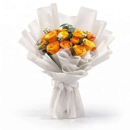 باقة ورد برتقالي فاخر بتغليف أبيض من متجر هدايا رويال