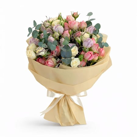 باقة بيبي روز مكس مع ورق كاليبتوس بتغليف بيج أنيق