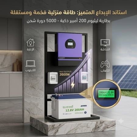 استاند الطاقة المنزلي المتكامل (إنفيرتر Veichi + بطارية ليثيوم 200 أمبير)