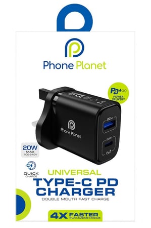 شاحن جداري سريع 20 واط – بمنفذين (USB + Type-C) PHONE PLANET