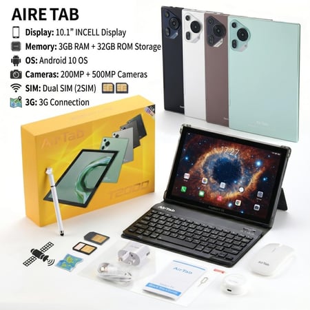 تابلت AIRETAB TAB T2000 بشاشة 10.1 بوصة INCELL – 3GB RAM – 32GB – 3G شريحتين – مع كيبورد وماوس