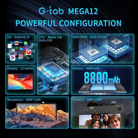 تابلت G-Tab Mega 12 مع كيبورد مغناطيسي عربي/إنجليزي – شاشة 12 إنش 2K – رام 16GB – ذاكرة 256GB