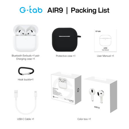 سماعة جي تاب AIR 9 لاسلكية بتقنية بلوتوث 5.3 ومكالمات ذكية – G-Tab AIR 9