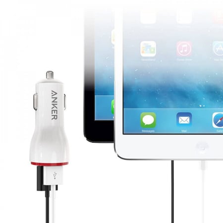 انكر شاحن سيارة باوردرايف بمنفذين USB بقوة 24 واط - - ابيض