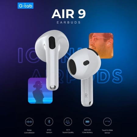 سماعة جي تاب AIR 9 لاسلكية بتقنية بلوتوث 5.3 ومكالمات ذكية – G-Tab AIR 9