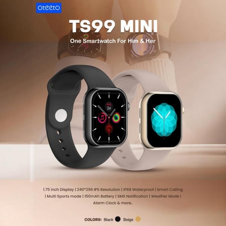 ساعة أوتيتو Oteeto TS99 Mini الذكية بشاشة 1.75 إنش ومكالمات بلوتوث ومقاومة ماء IP68
