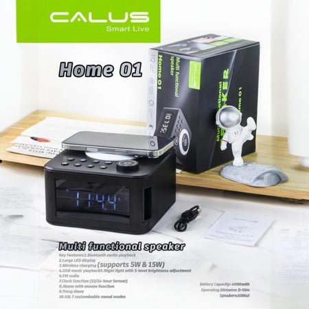 مكبر صوت بلوتوث متعدد الوظائف CALUS Home 01 مع شاحن لاسلكي 15 واط، راديو FM وساعة منبه ذكية