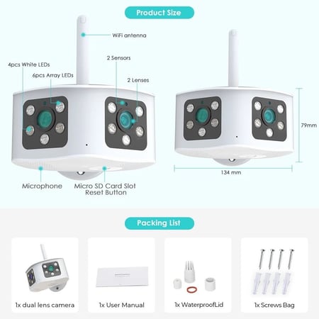 كاميرا WiFi بعدستين واسعة 180 درجة بدقة 8MP 4K