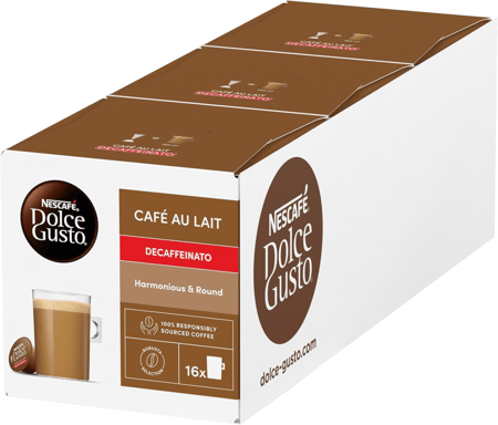 3 علب - كبسولات دلوتشي قوستو كافيه أوليه ديكافيناتو بدون كافين  DOLCE GUSTO CAFE AU LAIT DECAFFEINATO