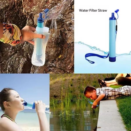 Person using water filter outdoors يستخدم شخص فلتر مياه في الهواء الطل