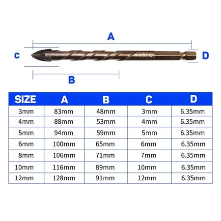 7 ريش ثقب دريل 3-12 مللي متر صليبية الرأس، بـ لقمة دريل سداسي، مغلفة بـ التيتانيوم، متعددة الاستخدام