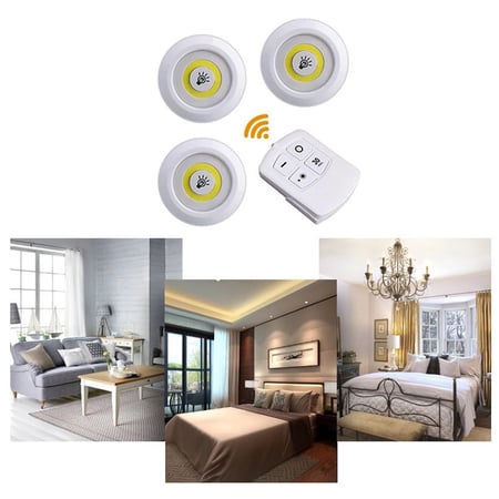 3 مصابيح LED سبوت ، تثبت بلاصق ، تعمل بريموت وتحكم شدة إضاءة ، تعمل بـ 3 بطاريات AA.