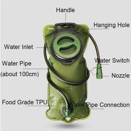 Green hydration bladder with handle tube and bite valve قربة ماء