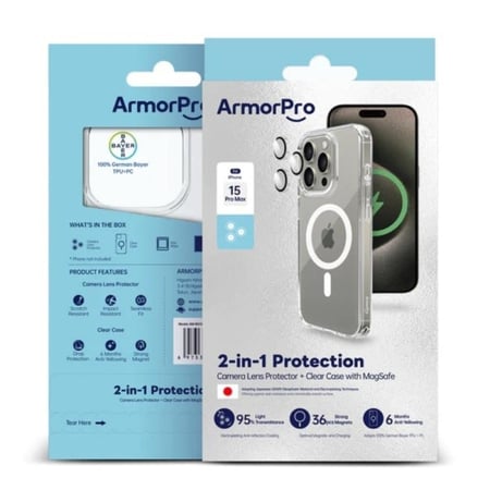 ارمور برو كفر حماية 2 في 1 + عدسات حماية كاميرا لاصدارات ايفون 15 برو ماكس - شفاف ArmorPro