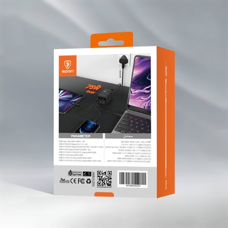 شاحن جداري بثلاث منافذ تايب سي و منفذين يو اس بي بقوة 75 واط