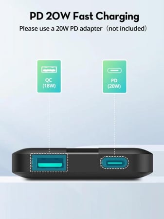 بطارية راف باور بسعة 10000 ملي امبير بقوة 20 واط بمنفذ تايب سي ومنفذ U