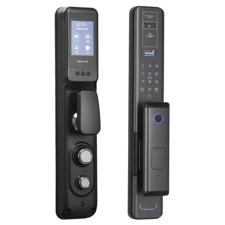 قفل أمان ذكي للأبواب – كاميرا مدمجة وتحكم عن بُعد بالجوال | فتح بخيارات متعددة (بصمة/رمز/كرت)