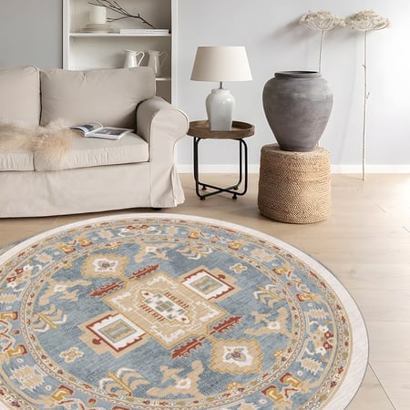 سجادة لون بيج مقاس دائري قطر 140 سم | نمط بوهيمي هندسي