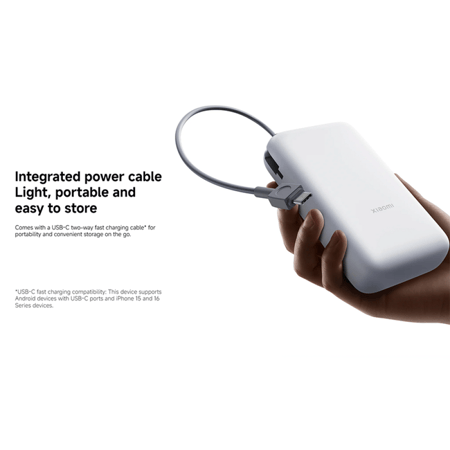 باور بنك شاومي مع سلك مدمج بمنفذ USB-C ومنفذ USB بسعة 20000 مللي أمبير وبقوة 22.5 واط - رمادي