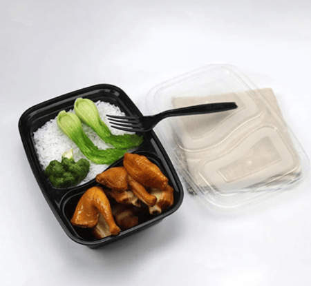 علب ميكرويف قسمين بلاستيك اسود بغطاء شفاف