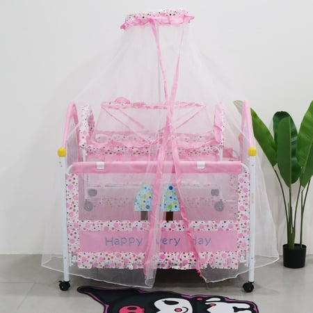 سرير اطفال خشب مع ناموسية وردي110*60 سم