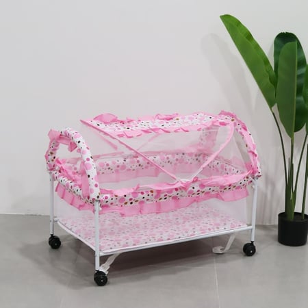 سرير اطفال خشب مع ناموسية وردي110*60 سم