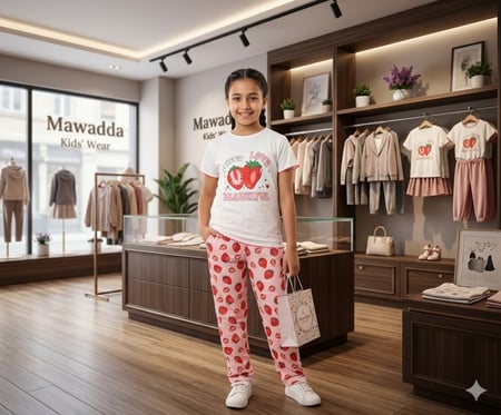 بيجامة بناتي قطنيه باللون الابيض برسمه الفراوله