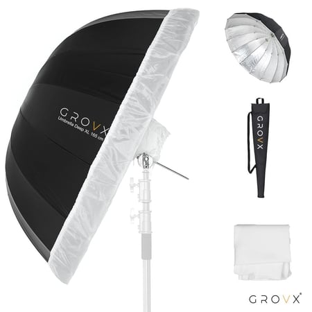 ديب أمبريلا تصوير سيلفر 165 سم بارابوليك مع مشتت – GROVX UB-XL 165
