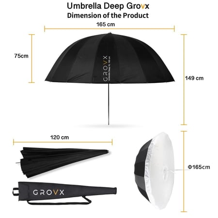 ديب أمبريلا تصوير سيلفر 165 سم بارابوليك مع مشتت – GROVX UB-XL 165