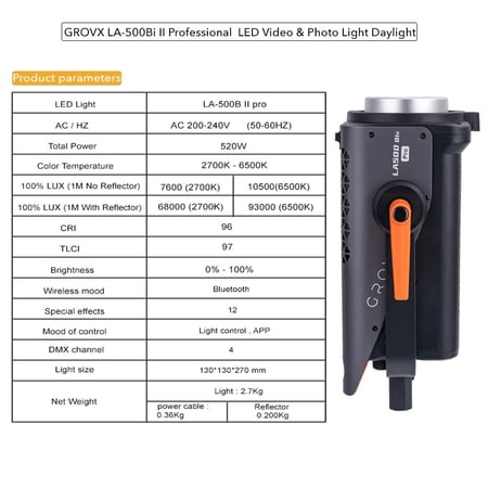 إضاءة استديو تصوير LED احترافية باكيج متكامل 520 واط ثنائية اللون – GROVX LA500 Bi Pro للجوال والفيديو