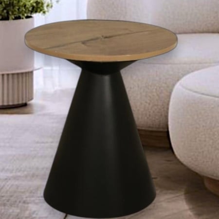 طاولة جانبية دائرية – تصميم صاج معدني مع سطح خشبي بني أنيق