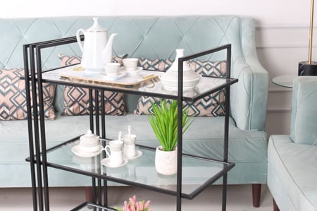 عربة تقديم لون أسود 3 دور سطح زجاج شفاف