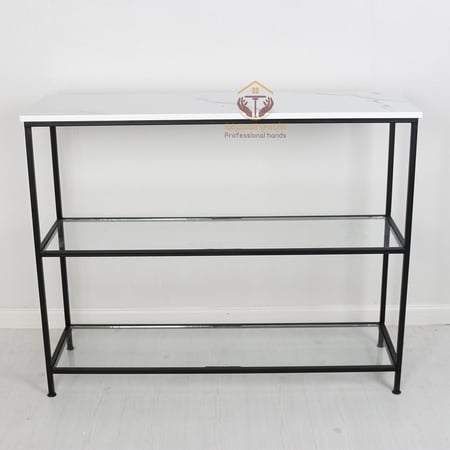 طاولة حديدية مدخل كونسول 3 دور لون أسود وسطح زجاج شفاف