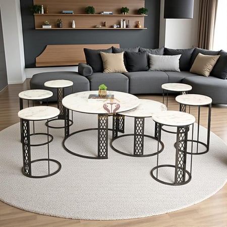 طقم طاولات حديد مع سطح خشب شبيه رخام