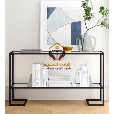 مدخل كونسول حديد أسود مطفي مع سطحين زجاجيين – تصميم أنيق يدمج البساطة بالفخامة