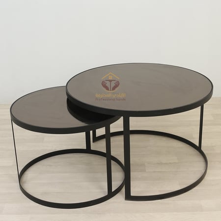 طقم طاولتين تقديم السطح زجاج أسود والقاعدة حديد لون أسود