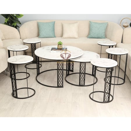 طقم طاولات حديد مع سطح خشب شبيه رخام