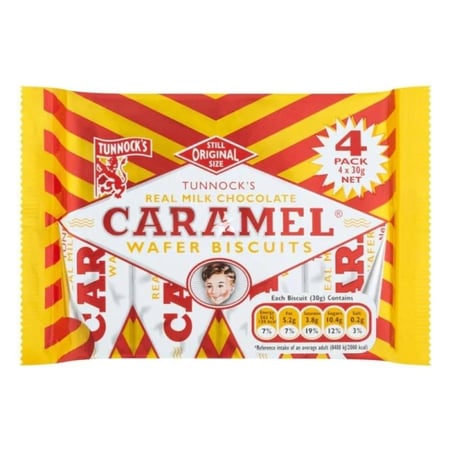 ويفر كراميل شريط انجليزي تونوكس 4 حبه  |  Tunnock's Real Milk Chocolate Caramel Wafer Biscuits 4 pcs