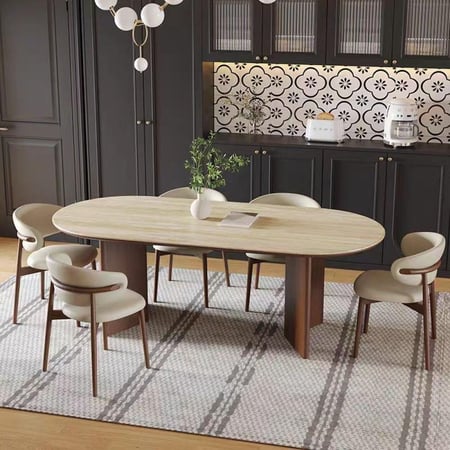 طاولات طعام مع 6كراسي بتصميم بيضاو بسطح رخام وقاعده خشب سنديان