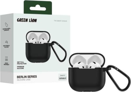 حافظة سيليكون من سلسلة برلين من جرين ليون متوافقة مع سماعات ايربودز 4، حلقة معدنية محمولة، سيليكون لطيف على البشرة، ممتص للصدمات، حماية كاملة 360 درجة، منفذ شحن مخصص، مادة قابلة للغسل - أسود