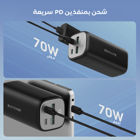 بطارية متنقلة راف باور 20K ملي امبير بقوة 70 واط منفذين -USB