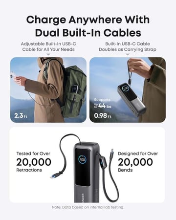 انكر - بطارية Zolo سعة 25 الف mAh مع مدخل تايب سي + USB كيبل تايب سي مدمج قوة 165 واط - اسود