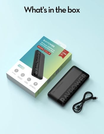 بطارية راف باور بقوة 20 واط بسعة 10000 ملي امبير منفذين تايب سي و منفذ يو اس بي مع شاشة عرض LED - اسود