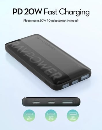 بطارية راف باور بقوة 20 واط بسعة 10000 ملي امبير منفذين تايب سي و منفذ يو اس بي مع شاشة عرض LED - اسود