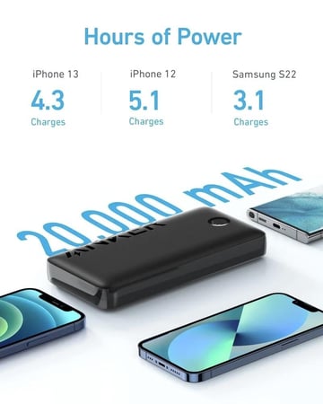 بطارية انكر 335 باوركور بمنفذين USB-A و منفذ تايب سي بسعة 20000 ملي امبير - اسود